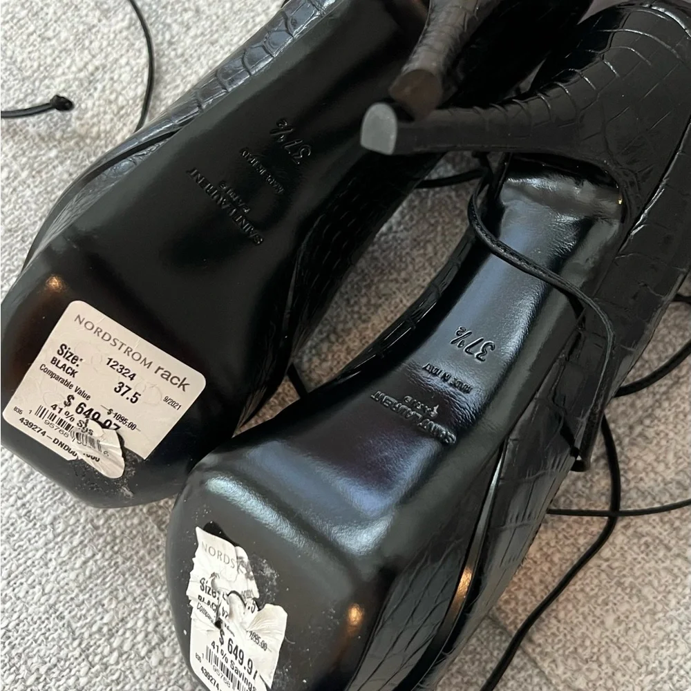 New Saint Laurent Black Croc Embossed Leather Platform Gladiator Sandals 37.5 - Picture 5 of 5